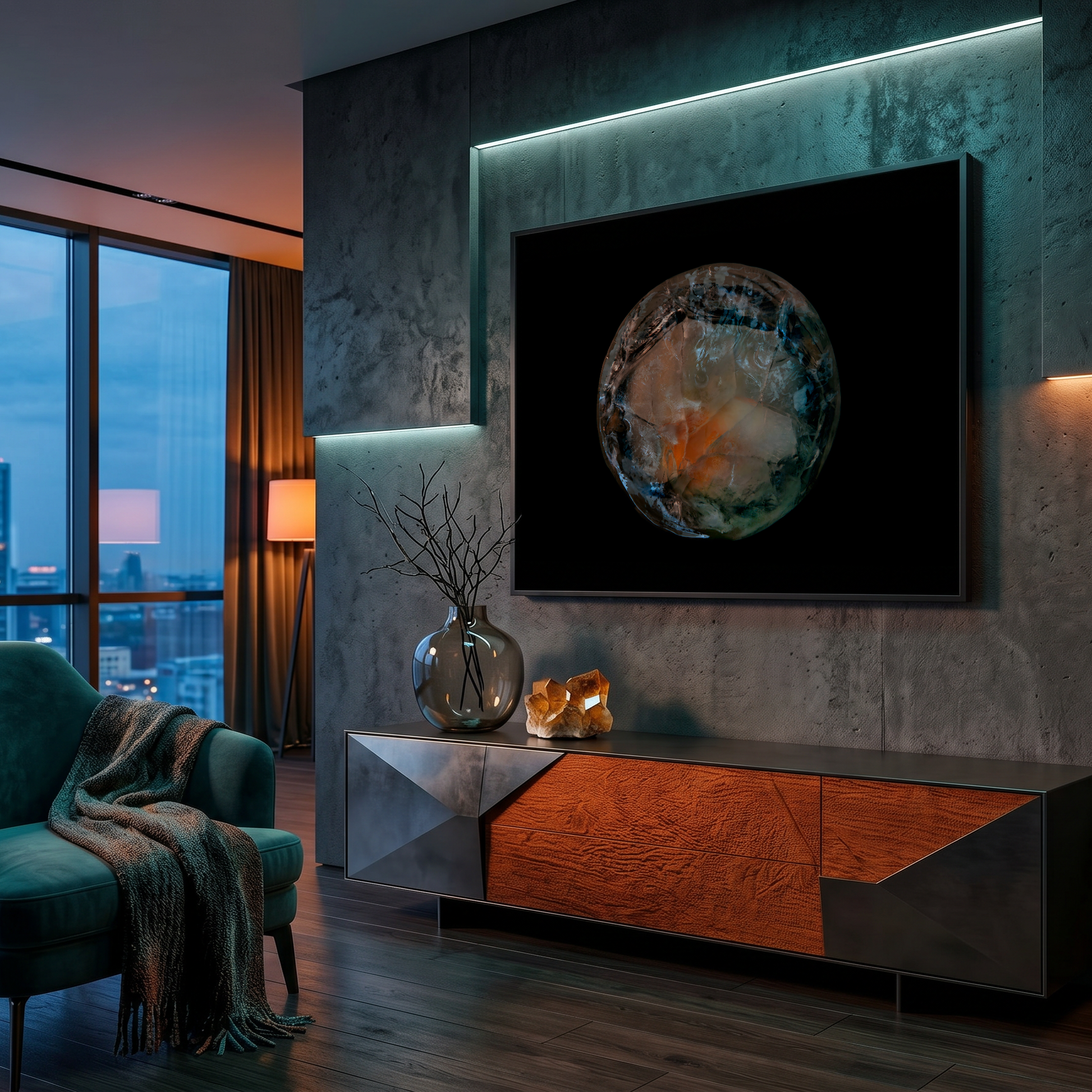 Modern living room with a large framed artwork, a green armchair, and a cityscape view.