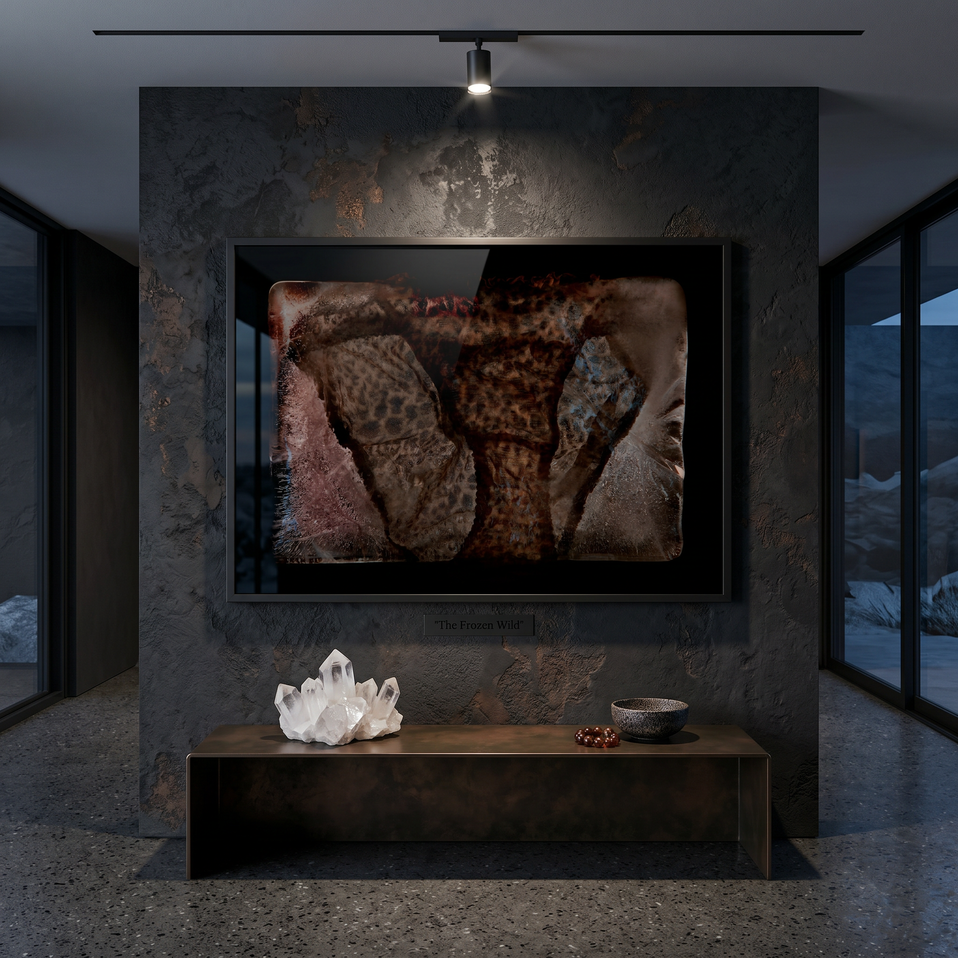 Large framed print of ladies leopard print panties in a frozen block of ice on a wall of an apartment