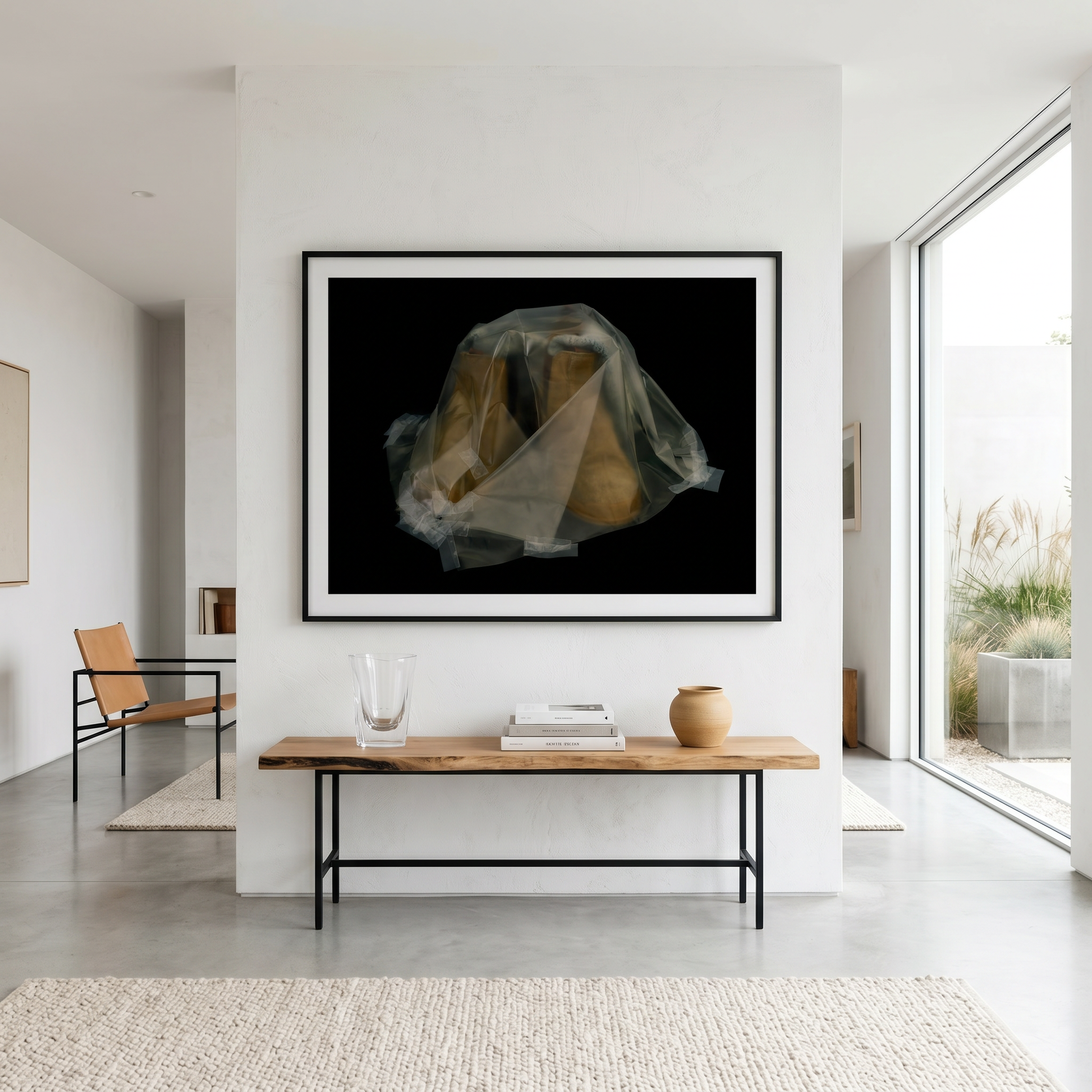 Modern interior with a framed artwork on the wall above a wooden table.
