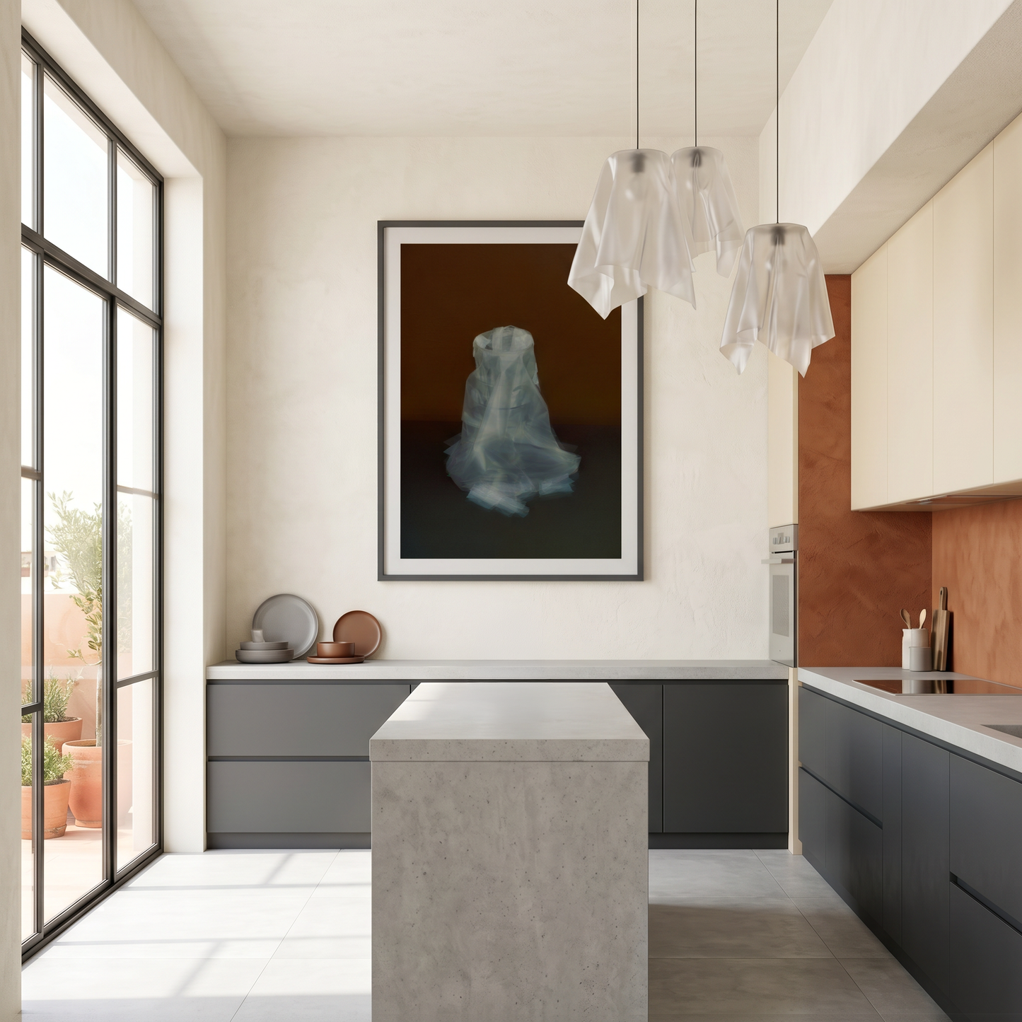 Modern kitchen interior with a framed artwork on the wall.