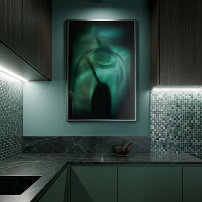 Modern kitchen with dark green cabinets, marble countertop, and abstract artwork on the wall.