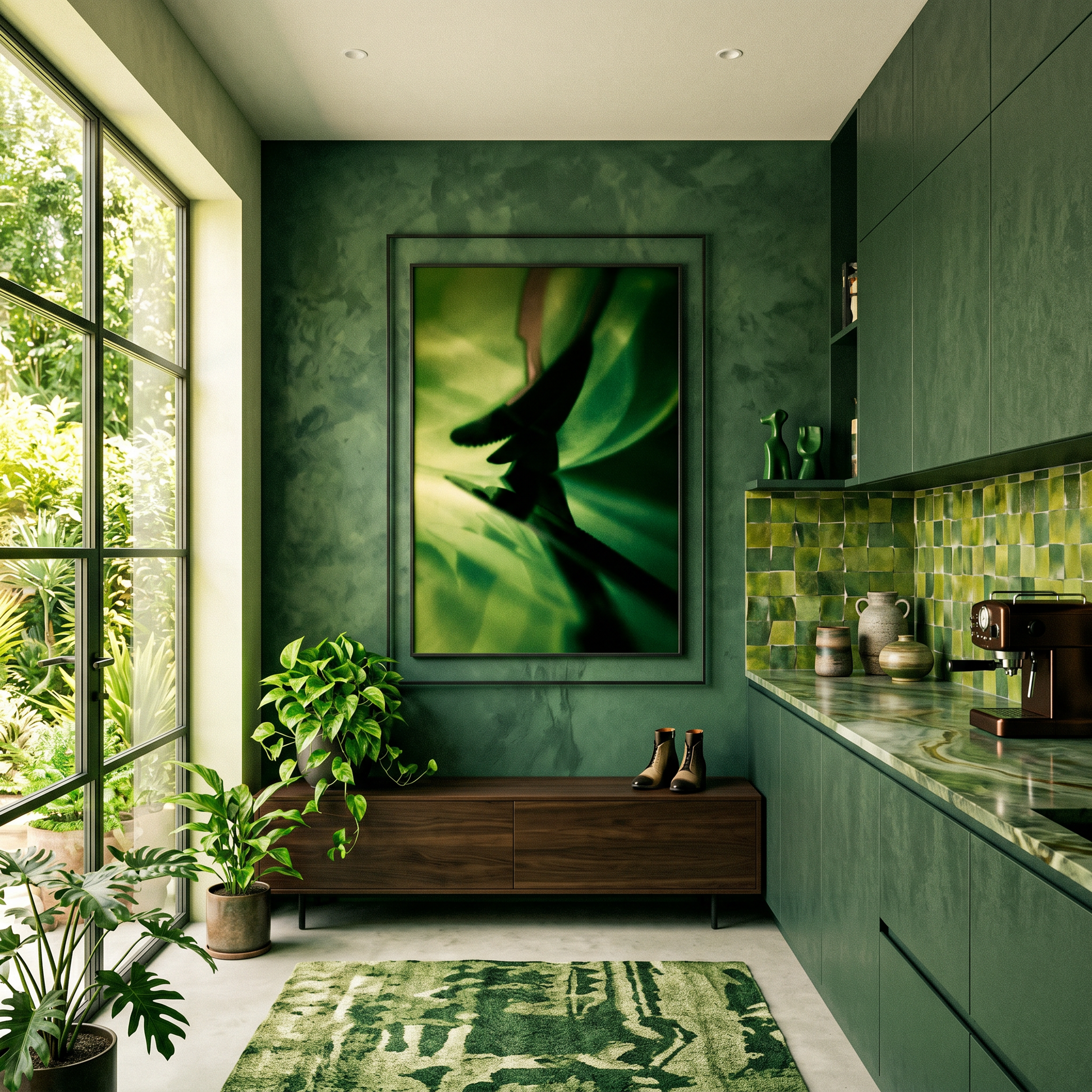 Modern kitchen with green walls, a large window, and decorative elements.