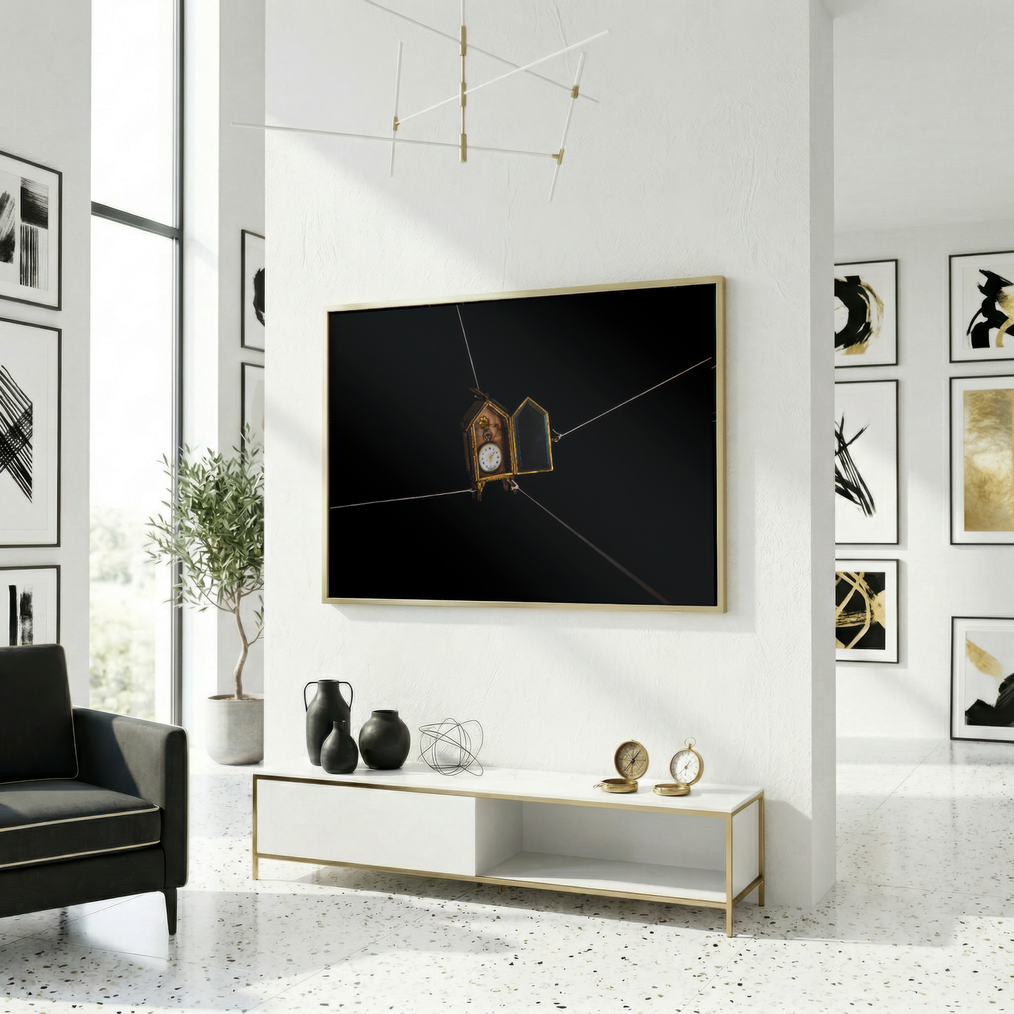 Modern living room with a large photograph displayed on the wall, a white cabinet below, and decorative items.