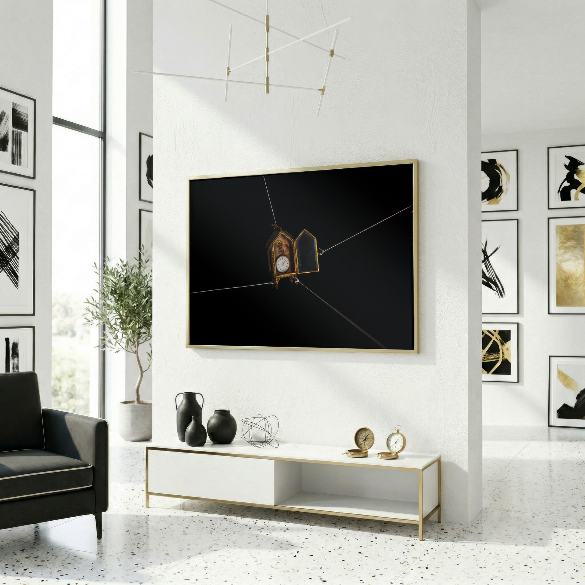 Modern living room with a large photograph displayed on the wall, a white cabinet below, and decorative items.