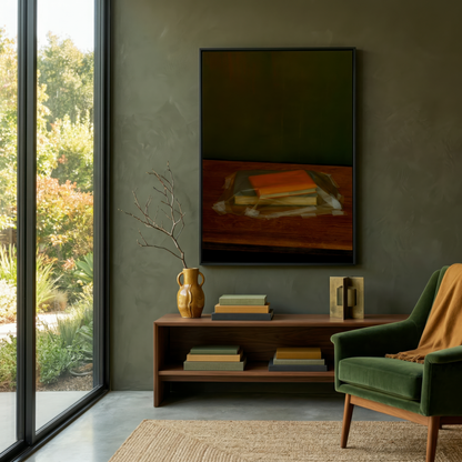 Modern interior with a green armchair, wooden side table, and a large photograph on a green wall.