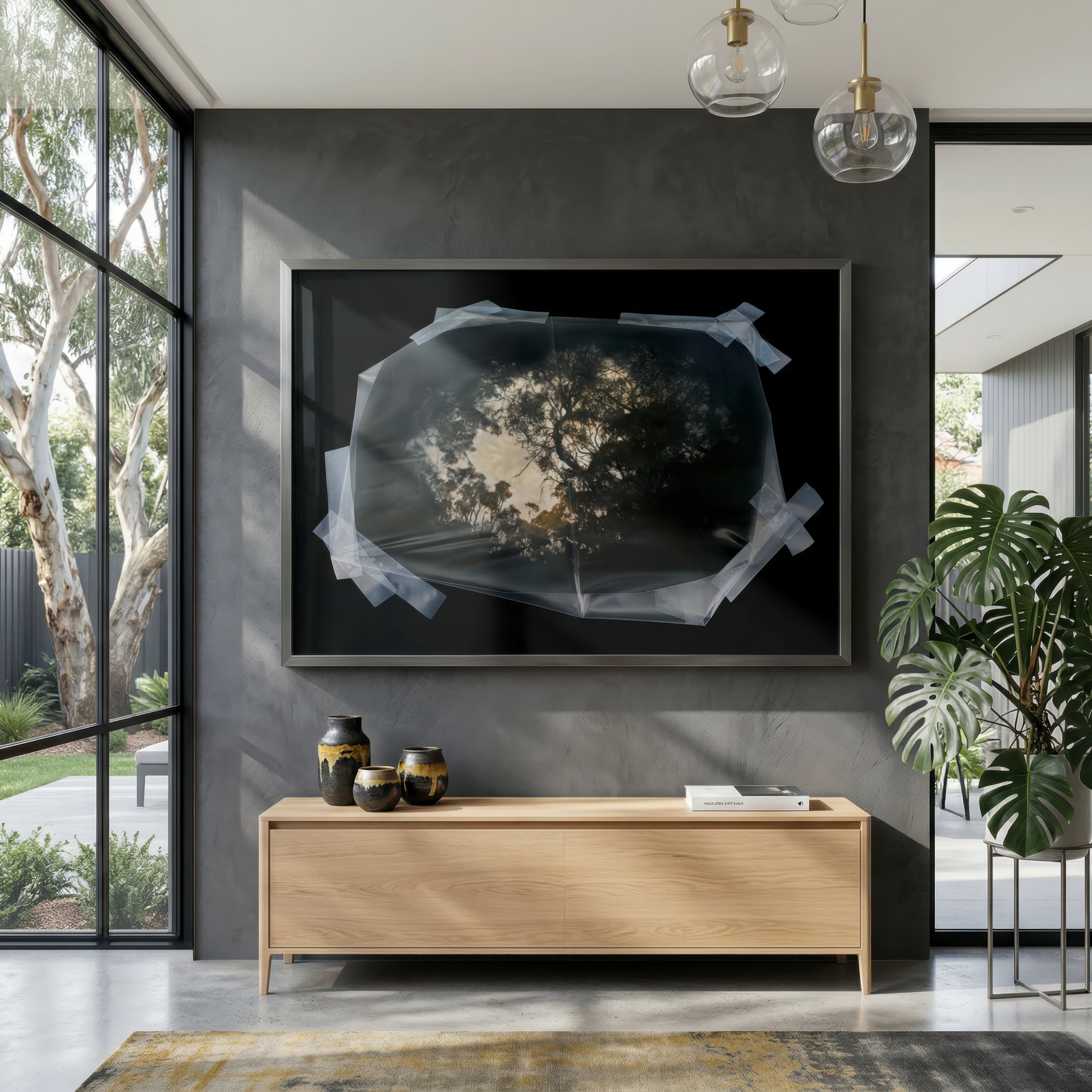 Modern living room with a large photograph mounted on a gray wall, wooden console, and decorative items.