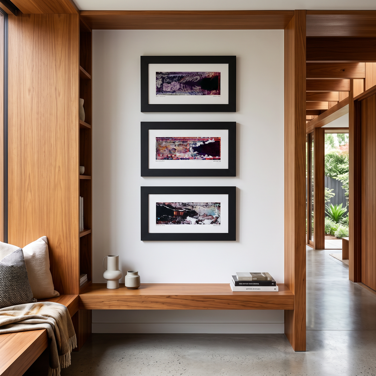 Three framed abstract art prints with black frames and white mats hang vertically on a white wall in a modern wooden interior with a bench and shelving.