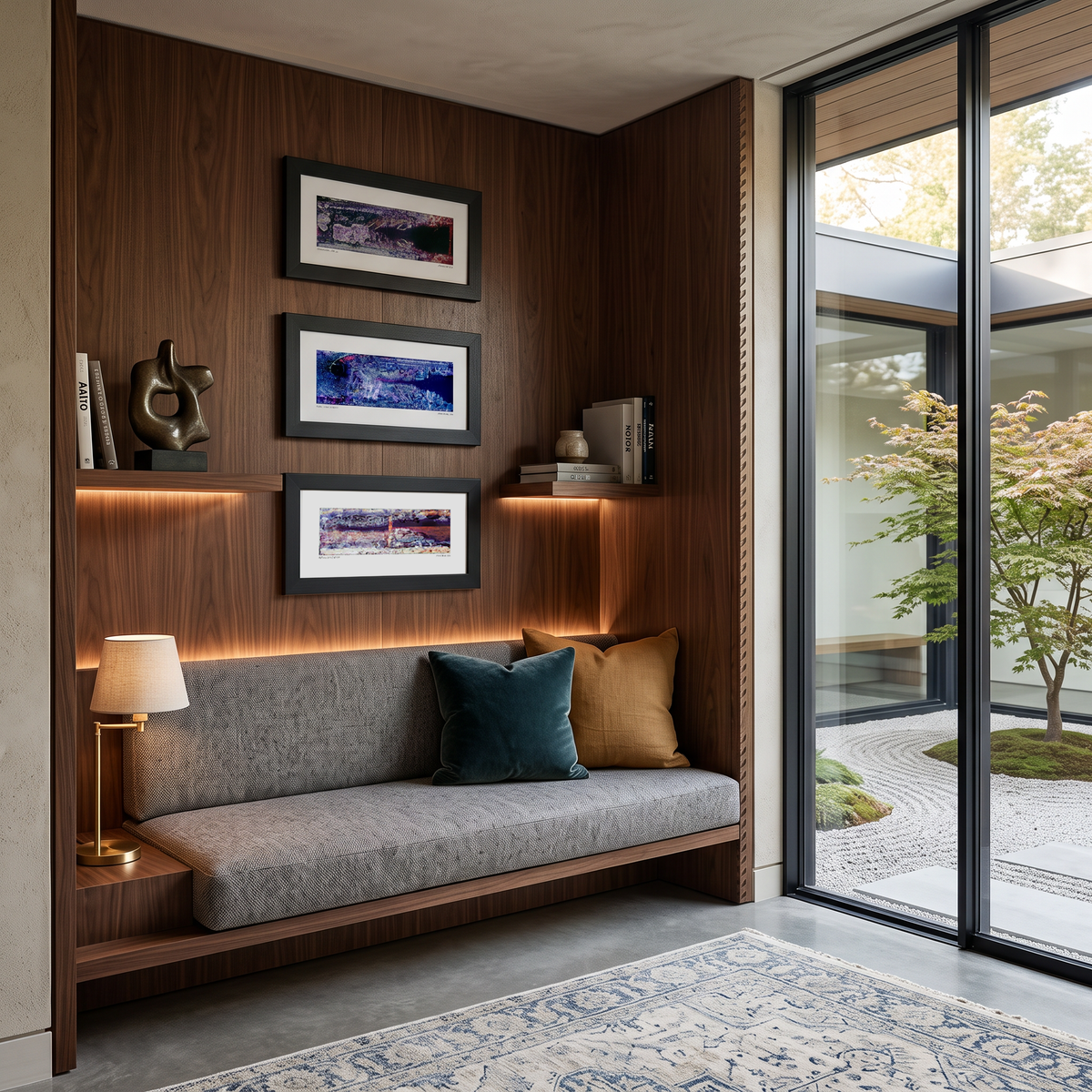 A modern built-in bench with a gray upholstered seat and back, styled with two accent pillows in a dark wood entryway. The bench is decorated with three framed abstract prints, a small table lamp, and books, with warm under-shelving lighting.