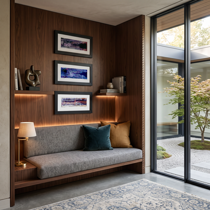 A modern built-in bench with a gray upholstered seat and back, styled with two accent pillows in a dark wood entryway. The bench is decorated with three framed abstract prints, a small table lamp, and books, with warm under-shelving lighting.