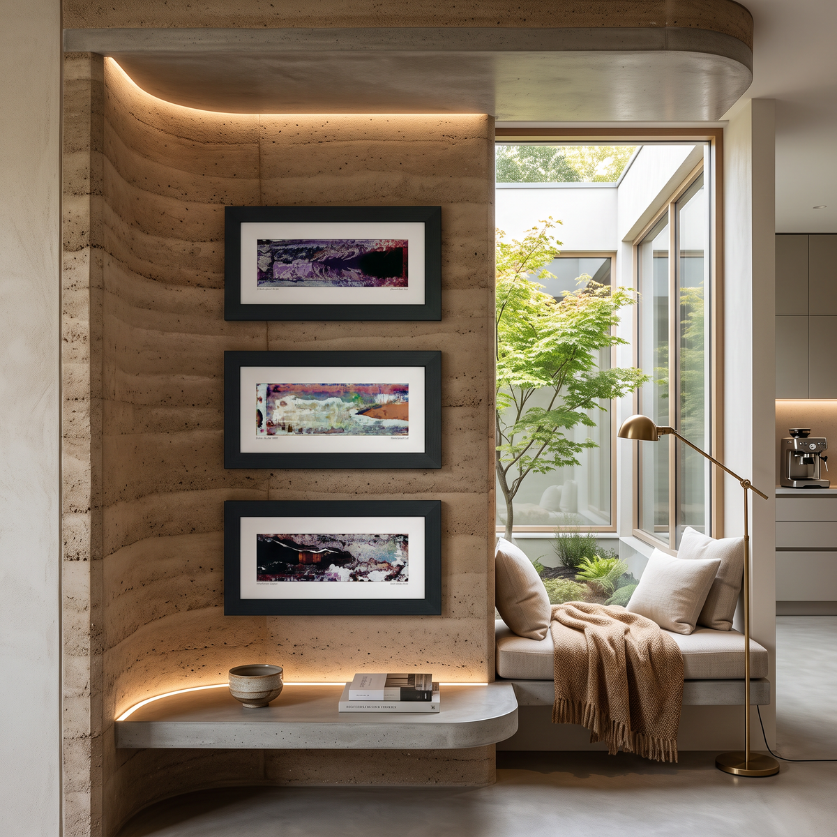 Three framed abstract art prints displayed together on a wall in a modern interior setting.
