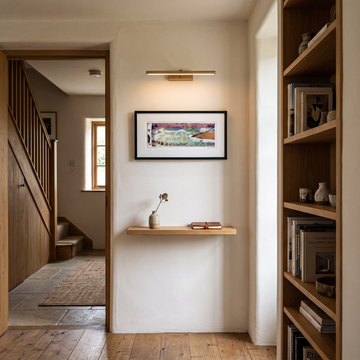 A framed panoramic abstract art print in peach, pink and green tones, displayed on a wall in a styled interior setting.
