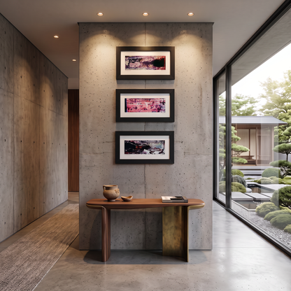 Three framed abstract art prints displayed together on a wall in a modern interior setting.
