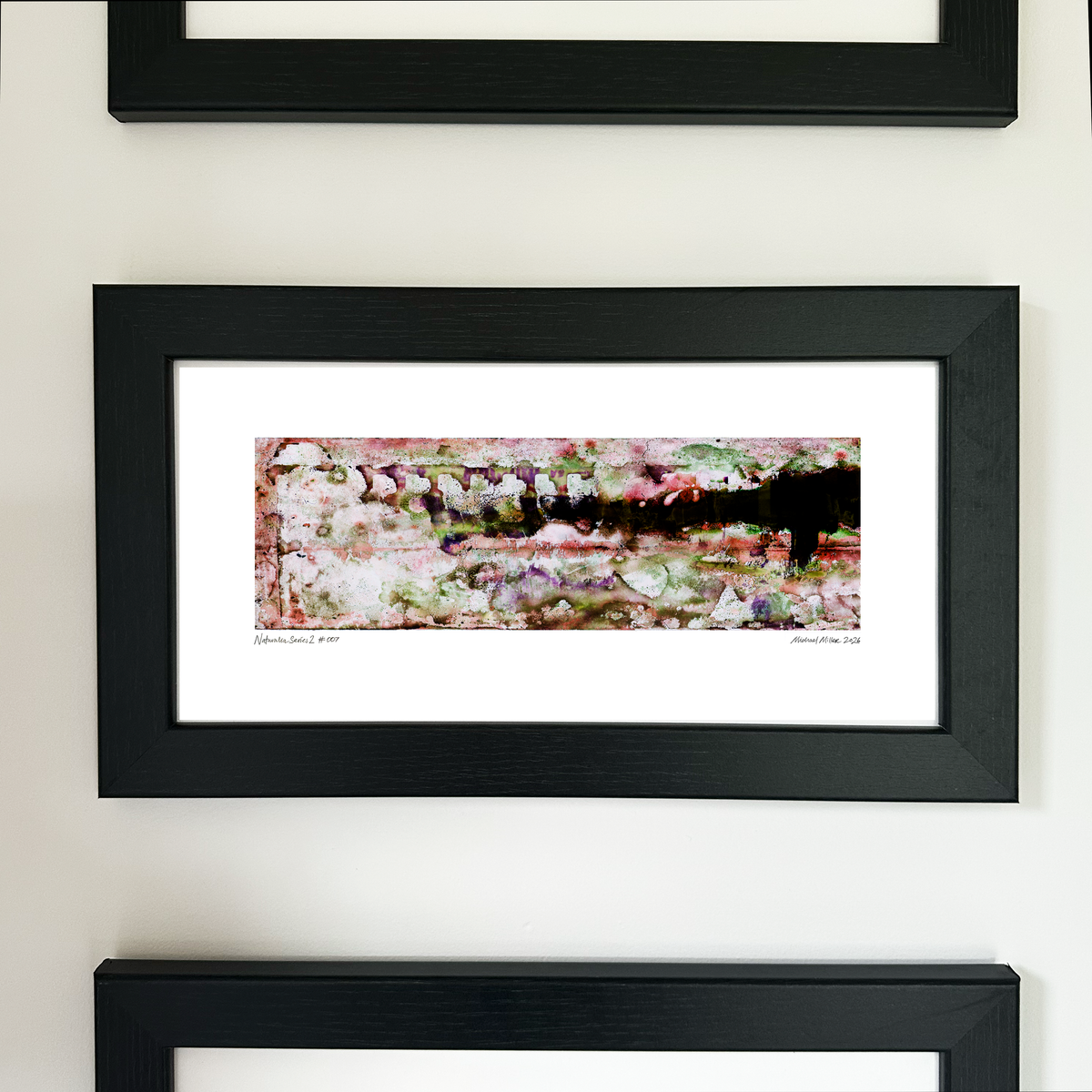 A framed abstract art print with a black frame and white mat, featuring Naturalia II #007 in pink, green and purple tones, mounted on a white wall.
