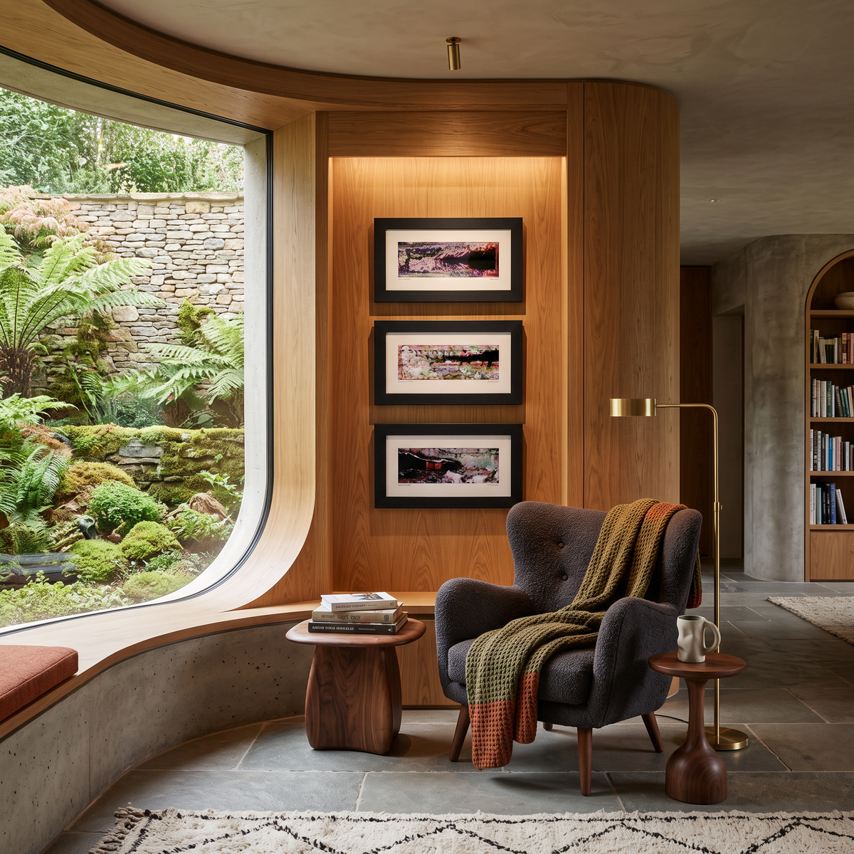 Three framed abstract art prints displayed together on a wall in a modern interior setting.
