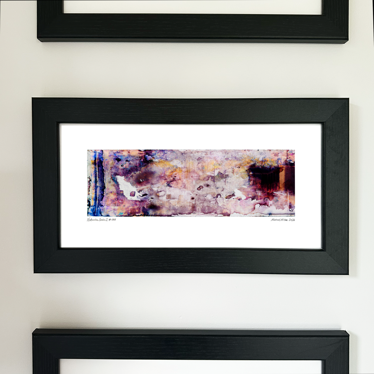 A framed abstract art print with a black frame and white mat, featuring Naturalia II #008 in pink, purple and blue tones, mounted on a white wall.
