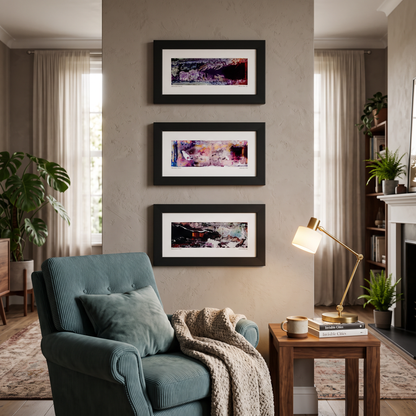Three framed abstract art prints displayed together on a wall in a modern interior setting.
