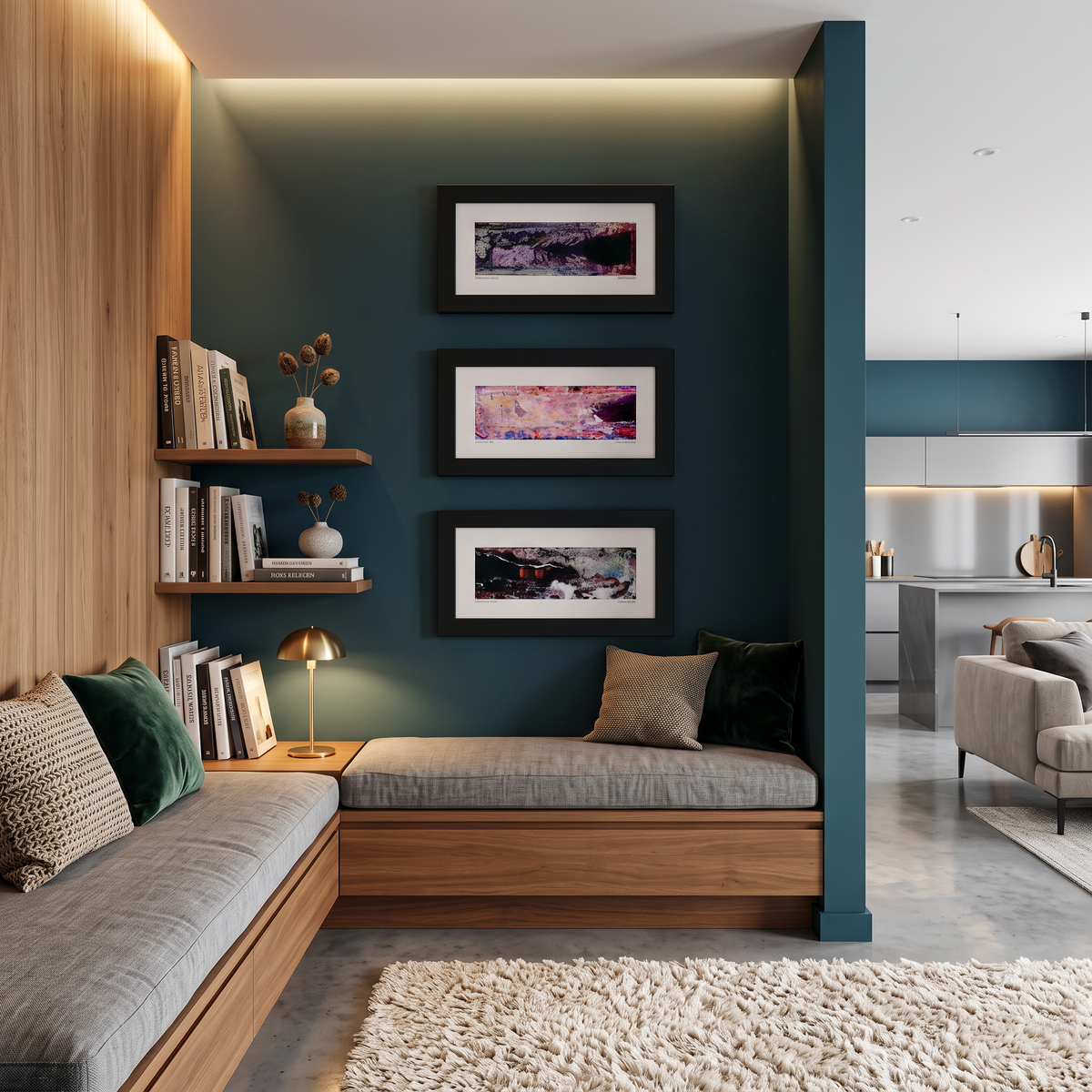 Three framed abstract art prints displayed together on a wall in a modern interior setting.
