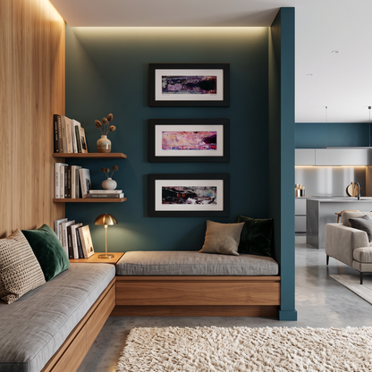 Three framed abstract art prints displayed together on a wall in a modern interior setting.
