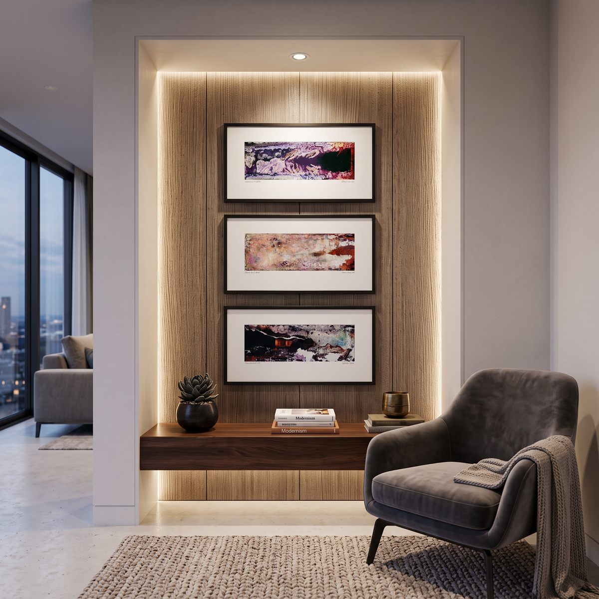 Three framed abstract art prints displayed together on a wall in a modern interior setting.
