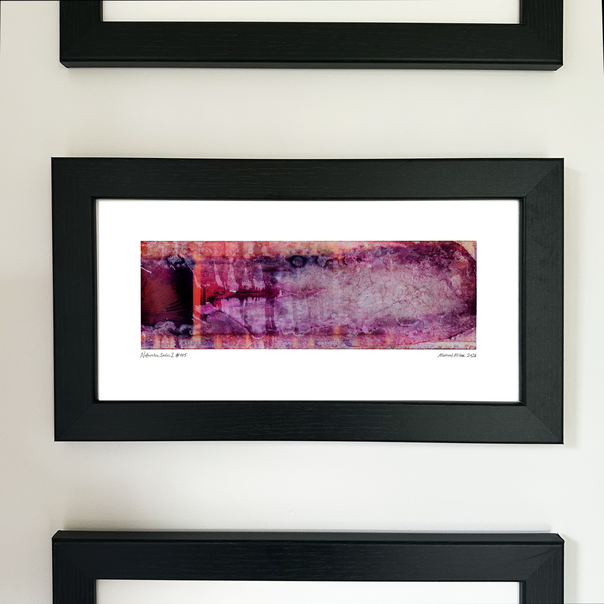 A framed abstract art print with a black frame and white mat, featuring Naturalia II #015 in pink, purple and burgundy tones, mounted on a white wall.
