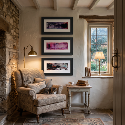 Three framed abstract art prints displayed together on a wall in a modern interior setting.
