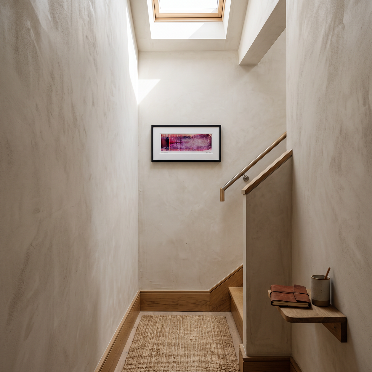 A framed panoramic abstract art print in pink, purple and burgundy tones, displayed on a wall in a styled interior setting.
