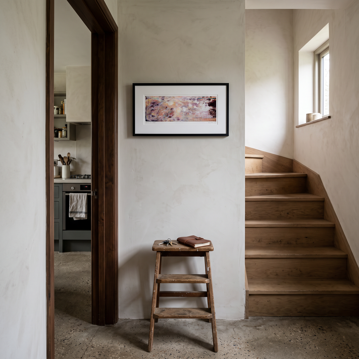 A framed panoramic abstract art print in soft peach and lavender tones, displayed on a wall in a styled interior setting.
