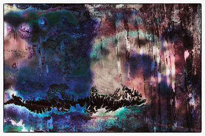 Abstract art with dark shapes on a multicolored background
