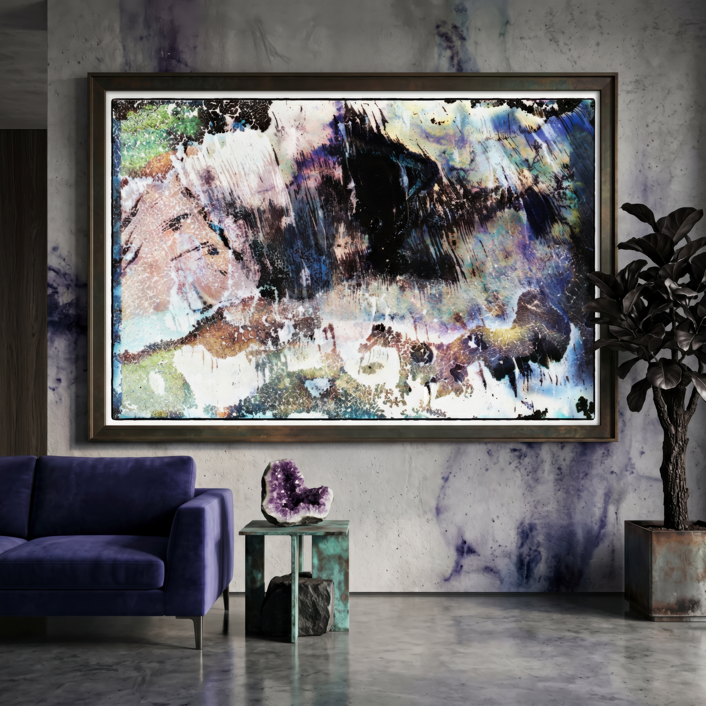 Abstract painting in a modern living room with a purple sofa and decorative table.