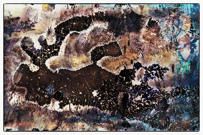 Abstract art piece with brown, black, and beige colors on a textured background