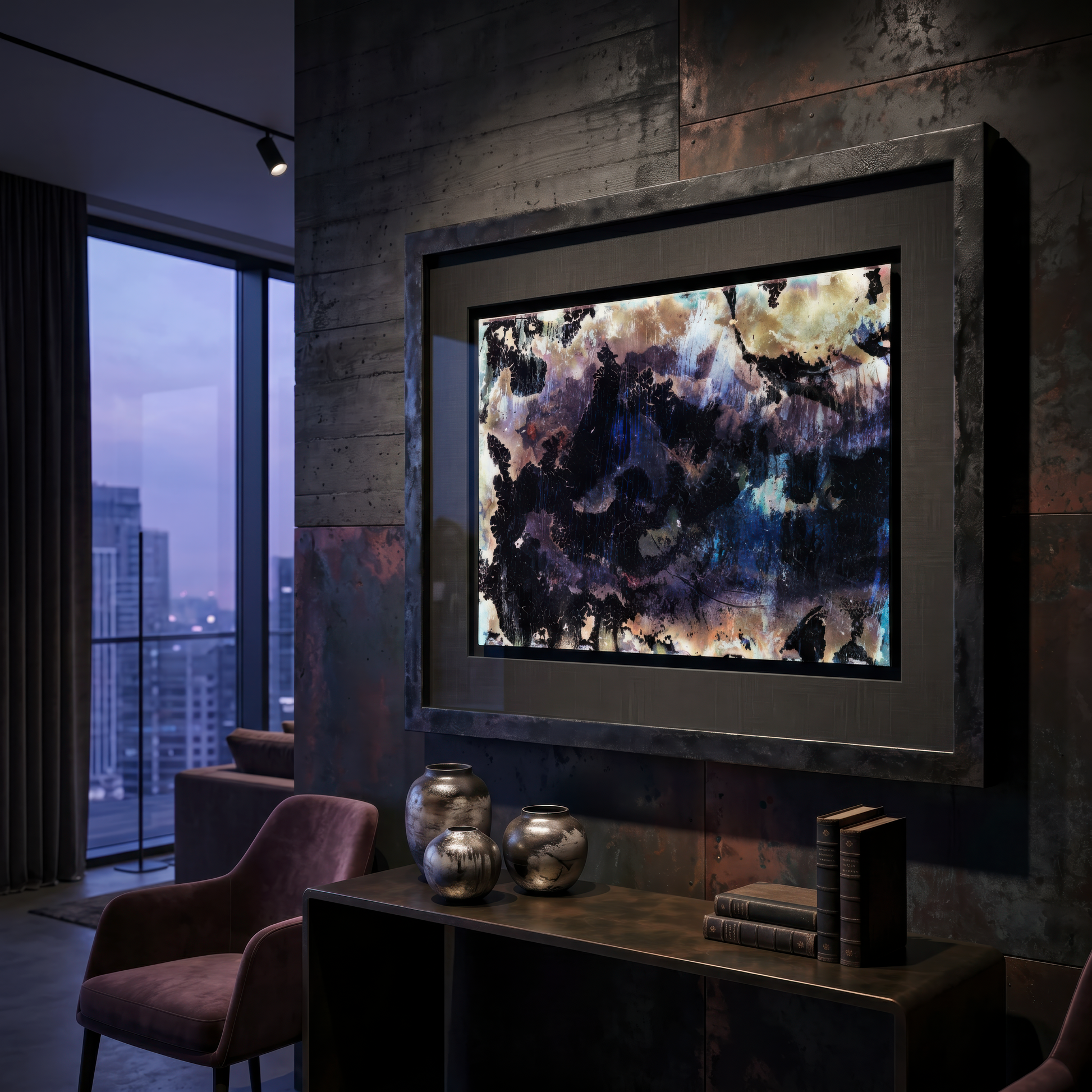 Modern interior with a framed print displaying abstract art, surrounded by decor elements.