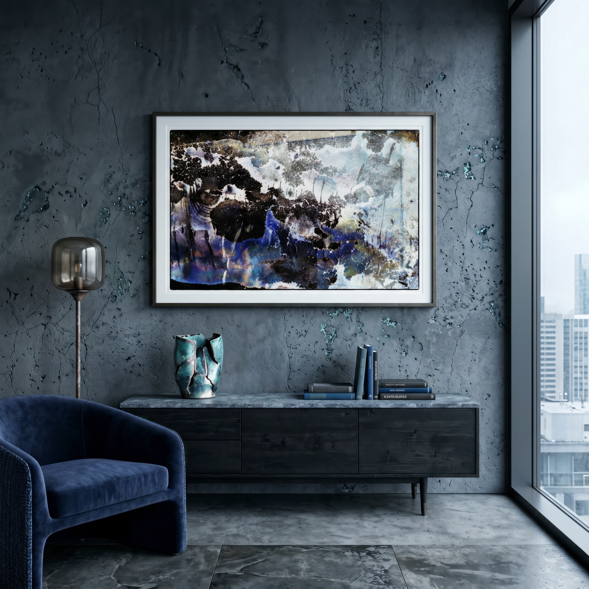 Modern living room with abstract art, blue armchair, and city view