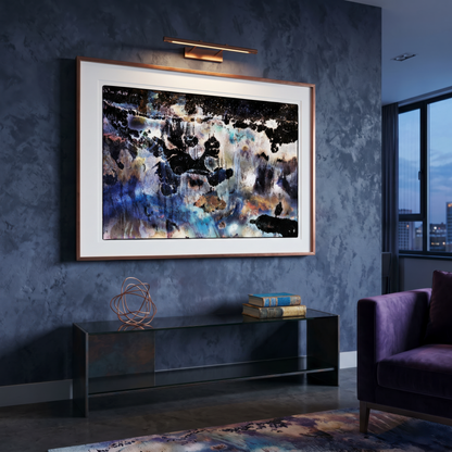Modern living room with abstract artwork on a textured wall
