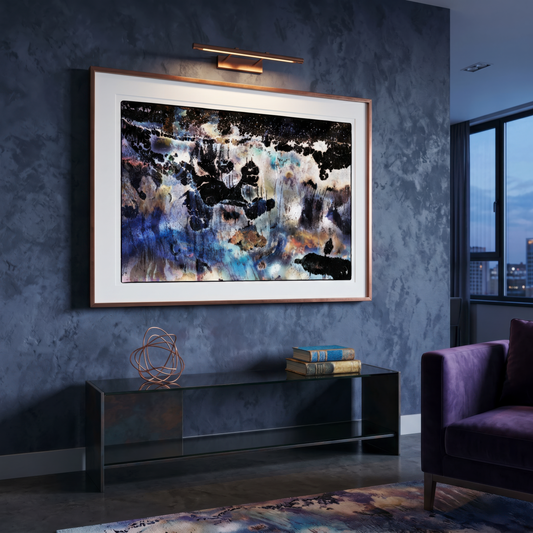Modern living room with abstract artwork on a textured wall