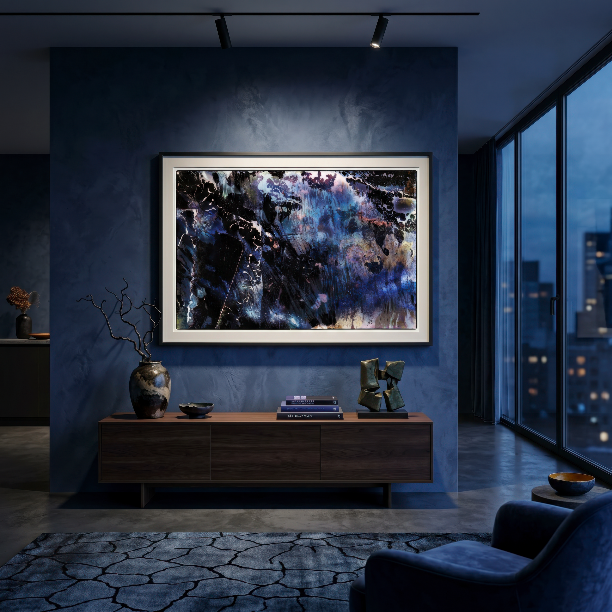 Framed abstract art on the wall of a modern apartment