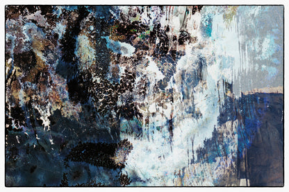 Abstract art piece with a mix of black, white, and blue colors.