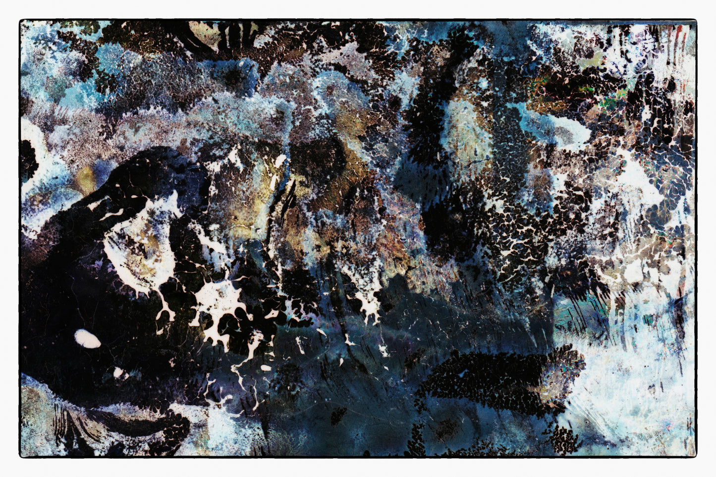 Abstract art piece with a mix of black, white, and gray colors.