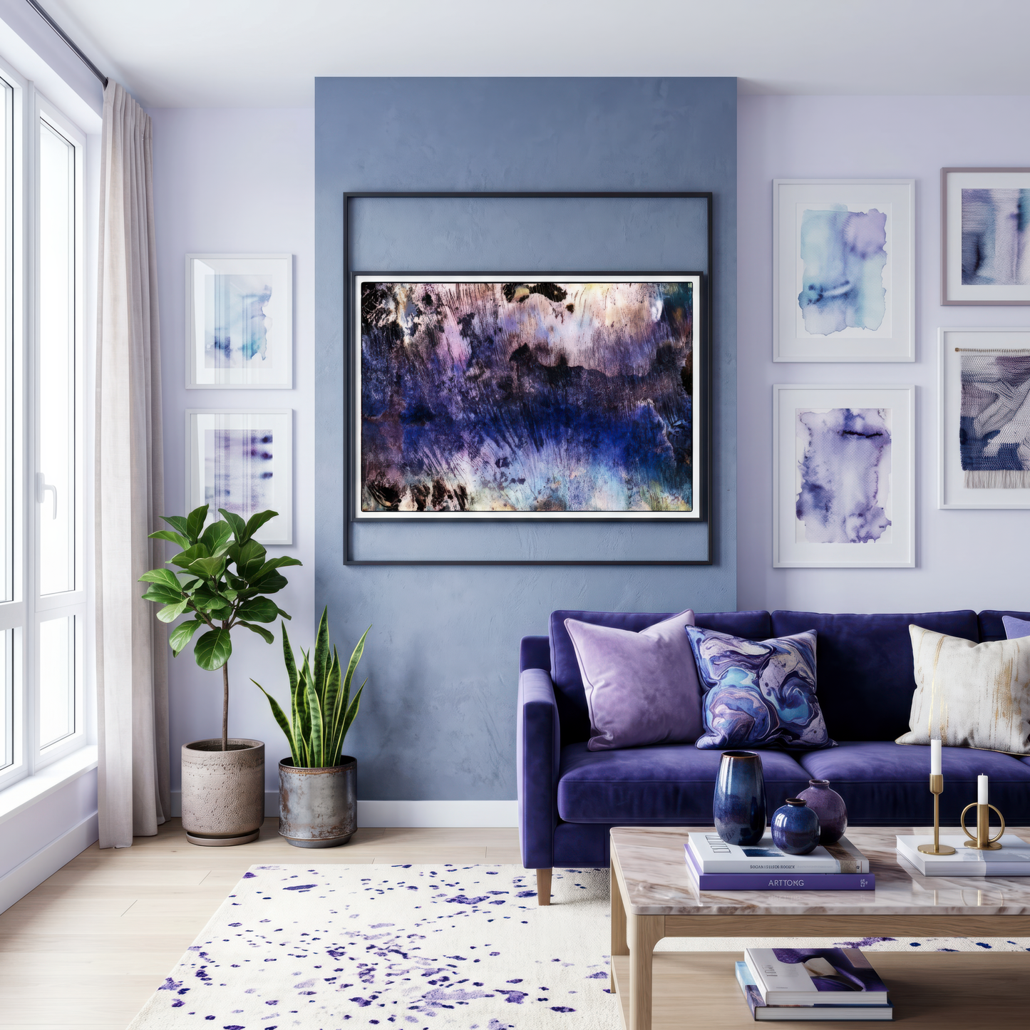 Living room with a blue sofa, abstract art, and decorative items.