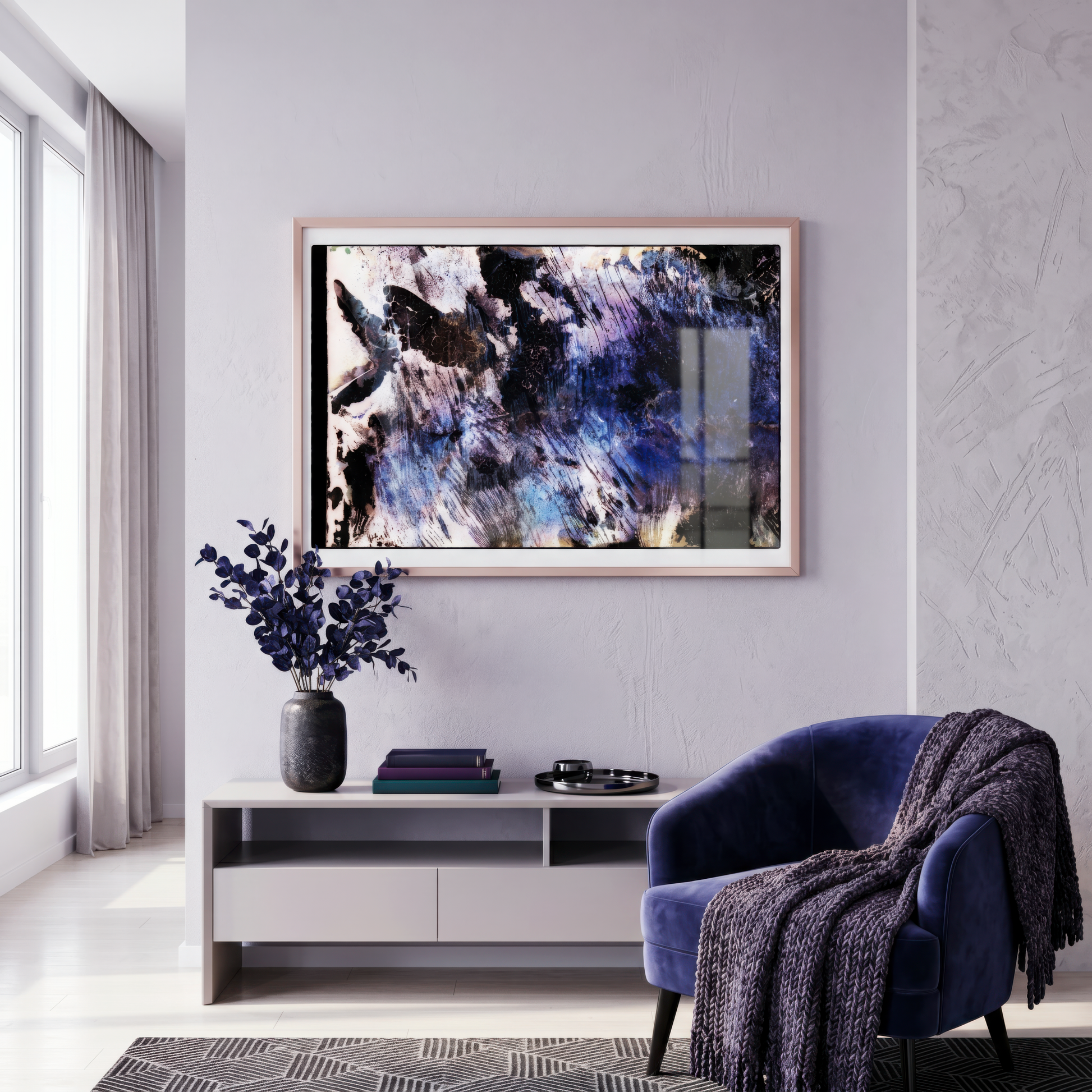 Modern living room with abstract art, purple chair, and decorative items.