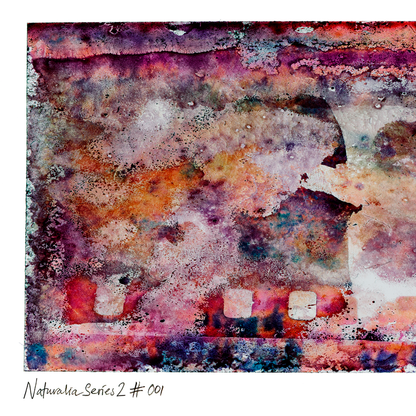 Abstract art print with a distressed, textured look in shades of purple, pink, orange, blue, and white, with the text 'Naturalia Series 2 # 001' written in black at the bottom left.