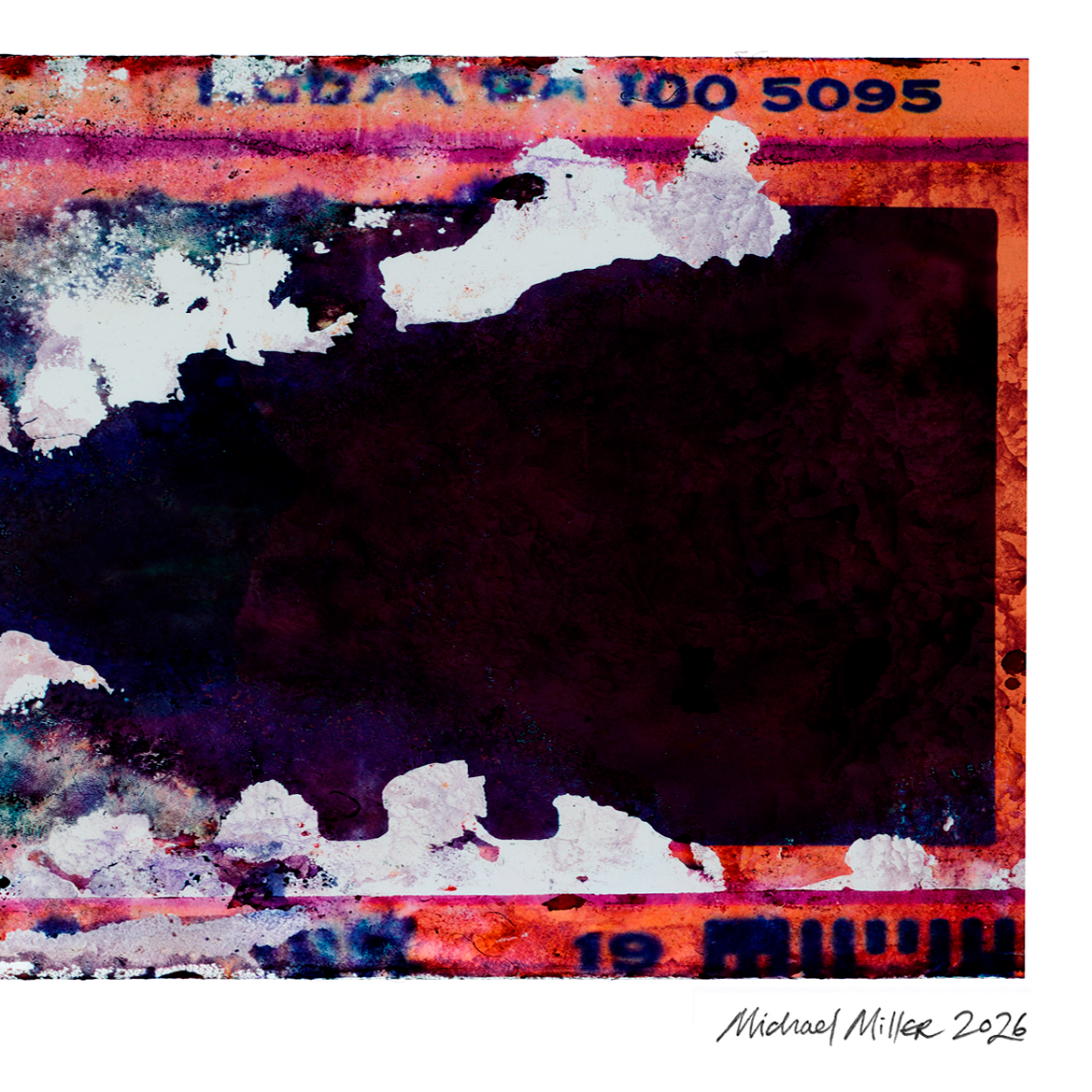 An abstract art print featuring a textured, vintage Polaroid-style border in orange, purple, and white, surrounding a large dark central square. The signature 'Michael Miller 2026' is visible in the bottom right corner.