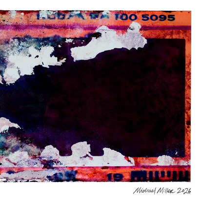 An abstract art print featuring a textured, vintage Polaroid-style border in orange, purple, and white, surrounding a large dark central square. The signature 'Michael Miller 2026' is visible in the bottom right corner.