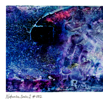 Abstract textured print with swirling blue, purple, and black tones, plus small pink and metallic-looking highlights, shown with the text 'Naturalia Series 2 #002' on a white margin below.