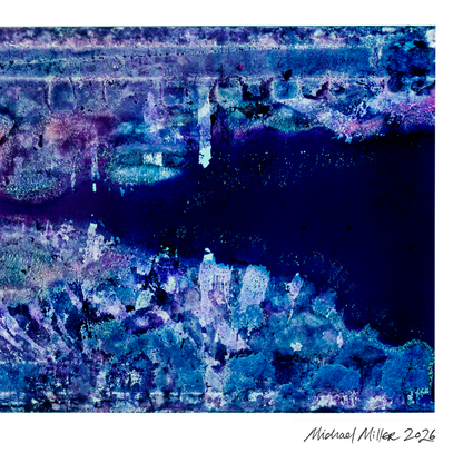 An abstract  artwork with textured blue, purple, and white tones, featuring a dark navy central area and a signature reading Michael Miller 2026 in the lower right.