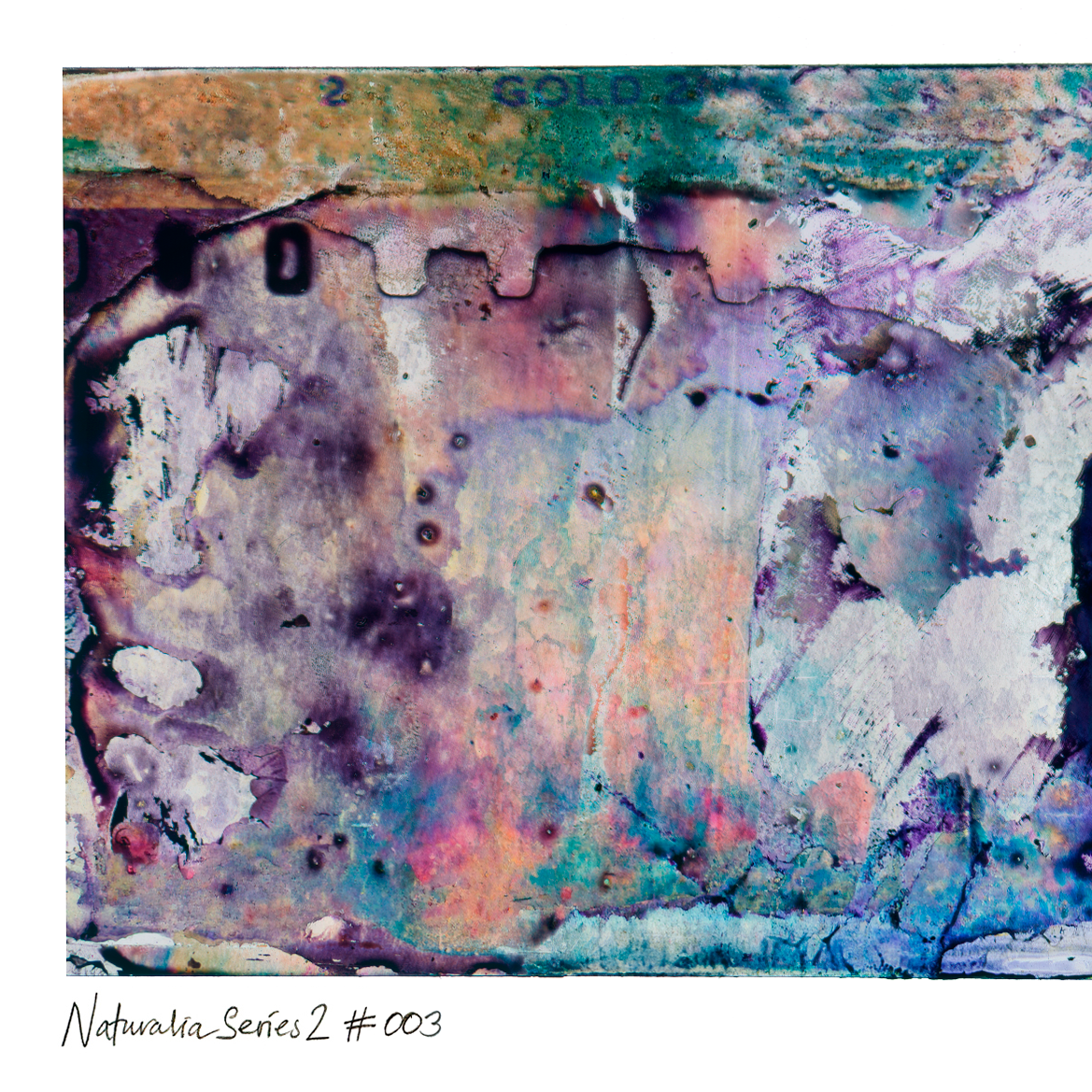 Abstract textured artwork with layered marbled and distressed tones in purple, blue, teal, pink, and beige, with a white margin at the bottom containing the text 'Naturalia Series 2 #003'.