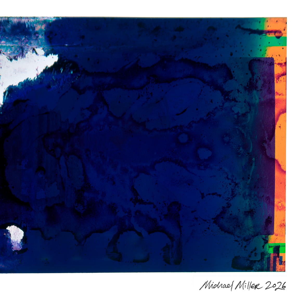 An abstract artwork with a large dark blue and navy marbled area, a vertical strip of orange, green, and teal along the right edge, and a white border around the piece. The signature 'Michael Miller 2026' appears at the bottom right.