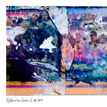 Close-up detail of Naturalia II #009, an original abstract fine art photographic print, showing purple, blue and yellow tonal textures with organic splatters and drips.
