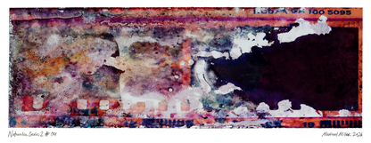 An abstract art print by artist Michael Miller, featuring a textured, multicolored composition with deep purples, oranges, browns, and white splatters.