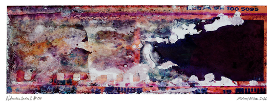An abstract art print by artist Michael Miller, featuring a textured, multicolored composition with deep purples, oranges, browns, and white splatters.