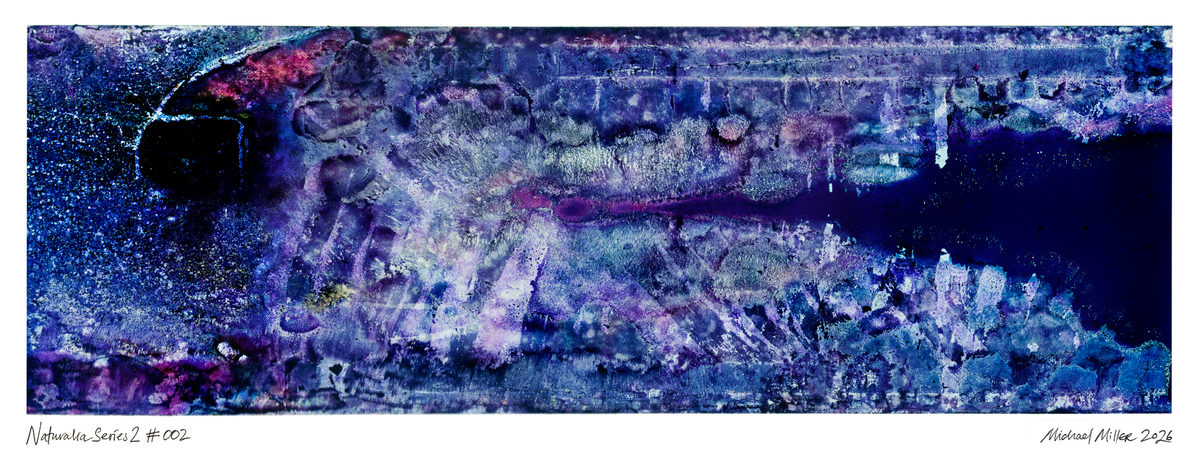 An abstract art print featuring a textured, painterly composition in deep blues, purples, and grays, with a white border containing artist signatures at the bottom.